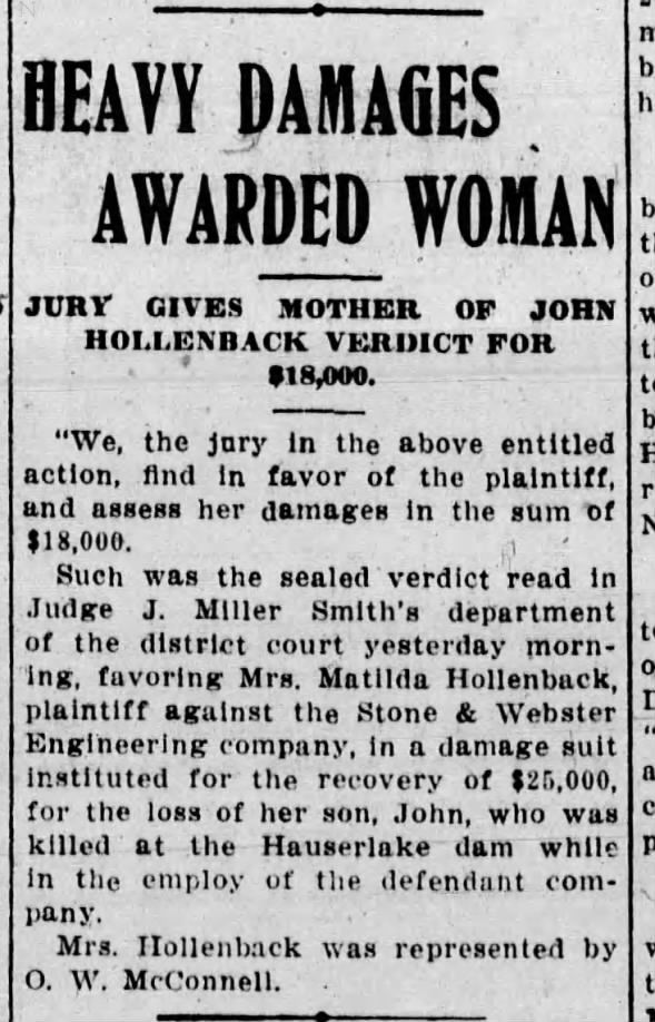$18,000 awarded to Matilda Hollenback on death of her son John